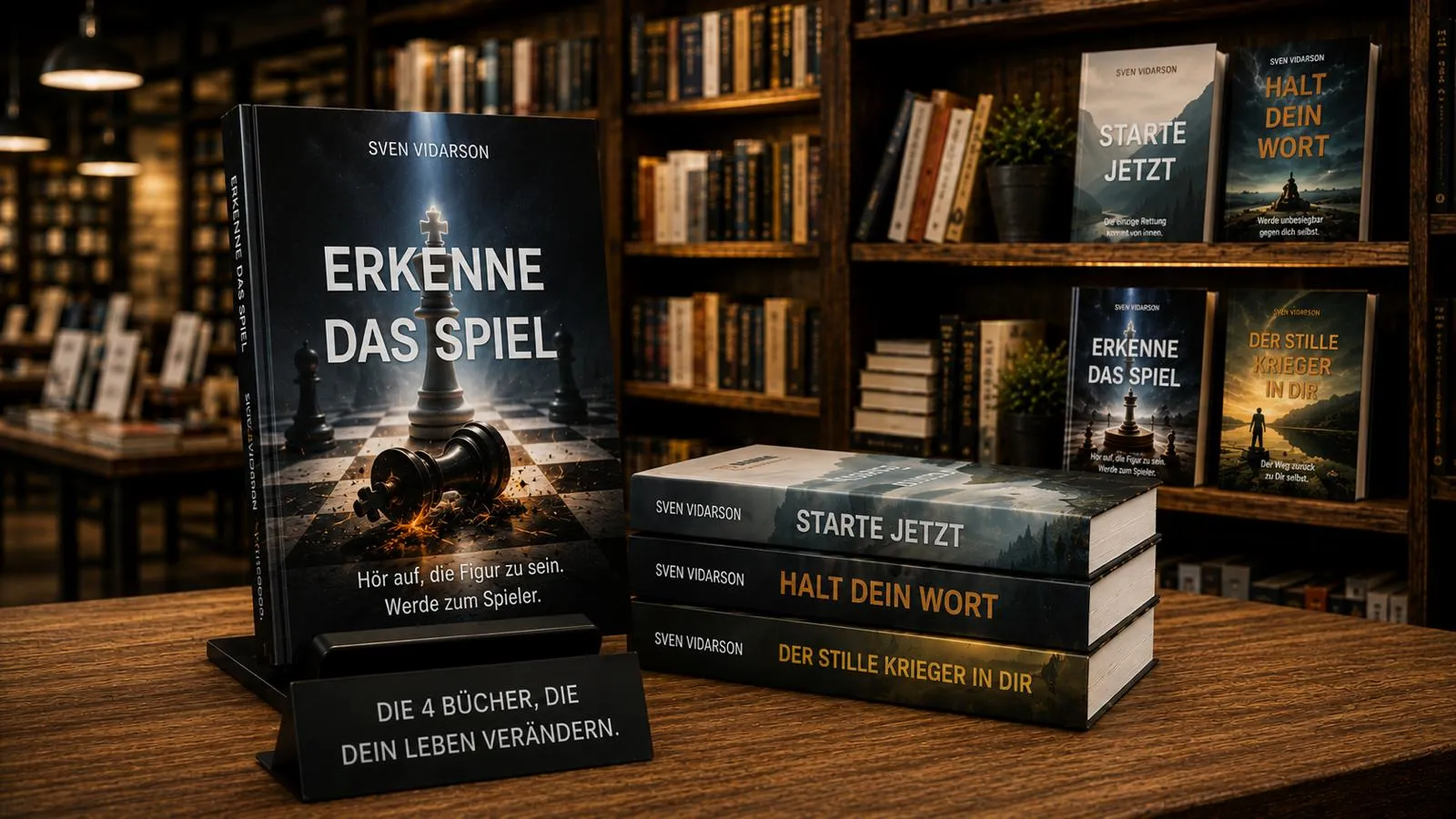 Die vier Bücher von Sven Vidarson im Regal – Erkenne das Spiel vorne