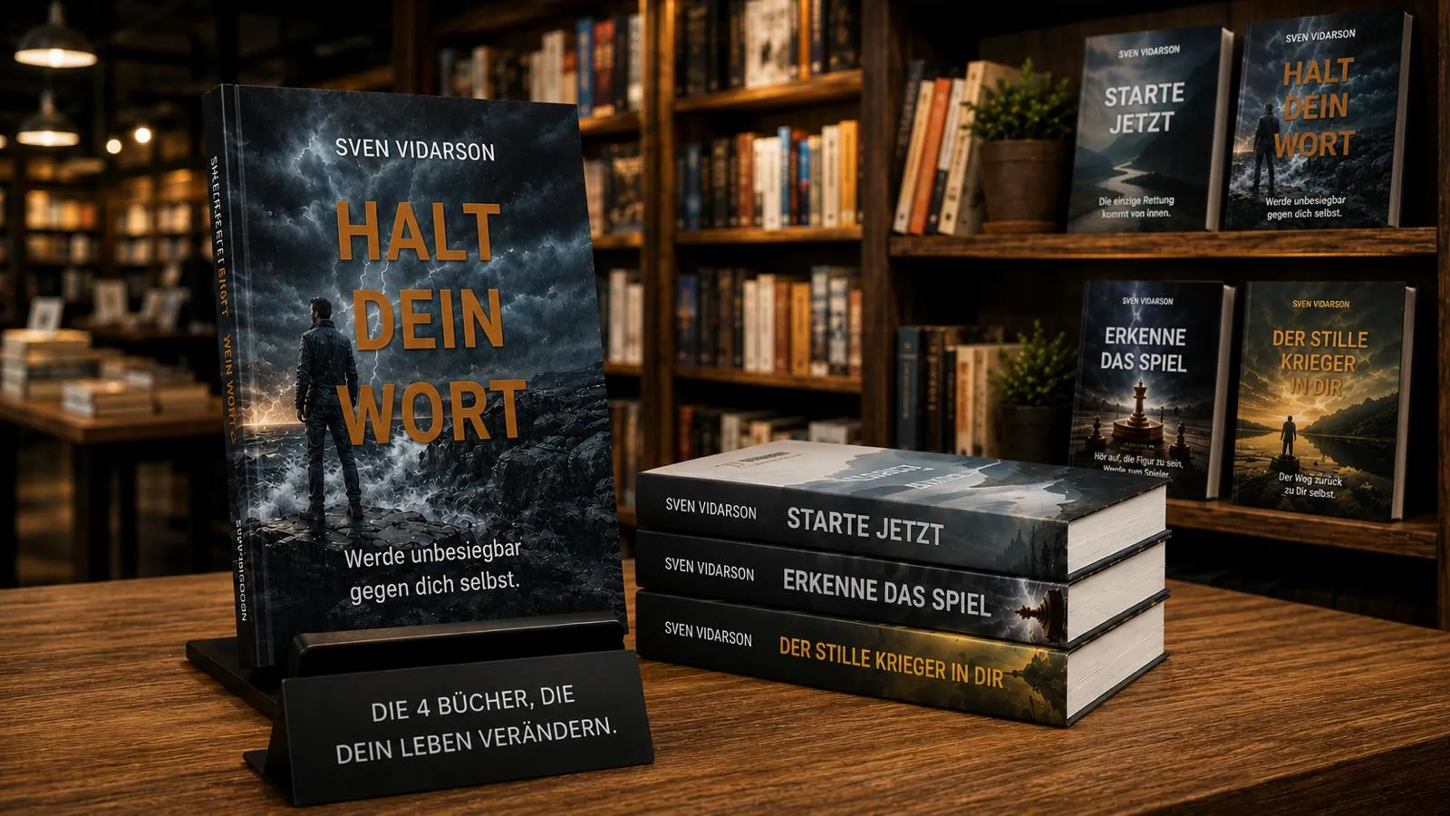 Die vier Bücher von Sven Vidarson im Regal – Halt dein Wort vorne