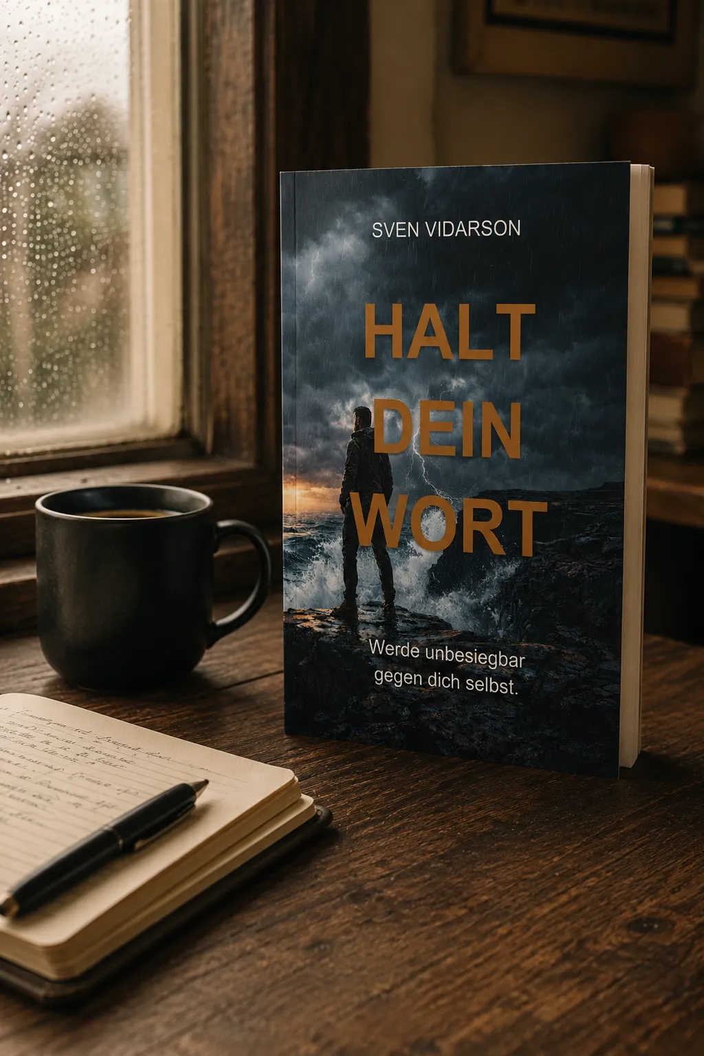 Halt dein Wort – Buch auf dem Schreibtisch bei Regen